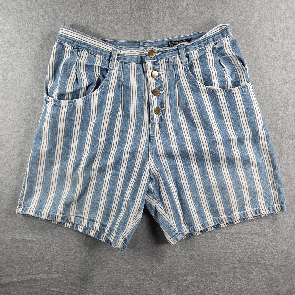 Squeeze Denim Shorts Womens 12 Blue Striped Vintage High Waist Button Fly